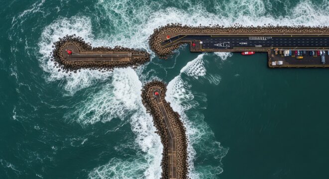 Aerial view of a harbor breakwater structure dividing the ocean waters, showcasing coastal engineering marvels.