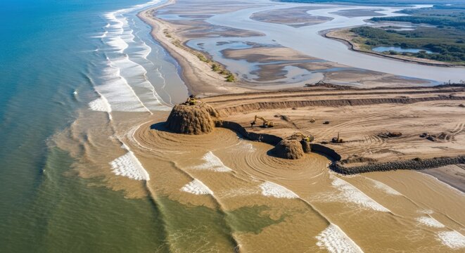 Aerial view of a heavily silted river delta undergoing significant earthmoving and excavation along the coastline