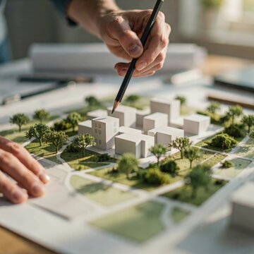 Architect carefully using a black pencil to mark a small white residential building paper model