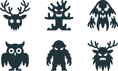 Halloween icons with various creepy monsters and animals in dark gray color  spooky silhouettes for design © Jarina