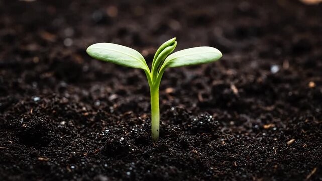 Timelapse of a Green Seedling Sprouting and Growing in Dark Soil