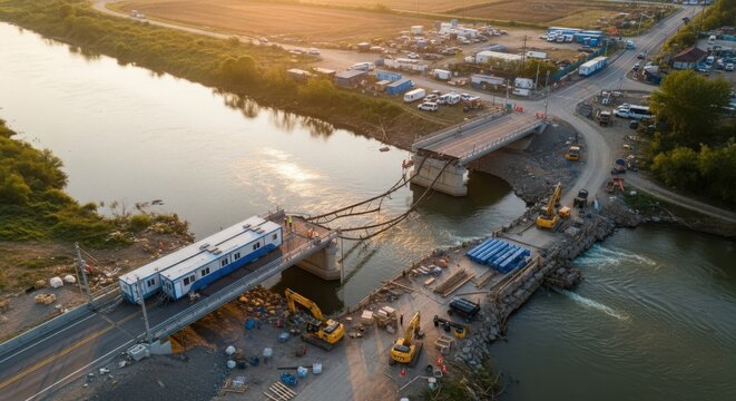 Aerial view of a modular bridge construction project over a river, showcasing infrastructure development and engineering progress at sunset.