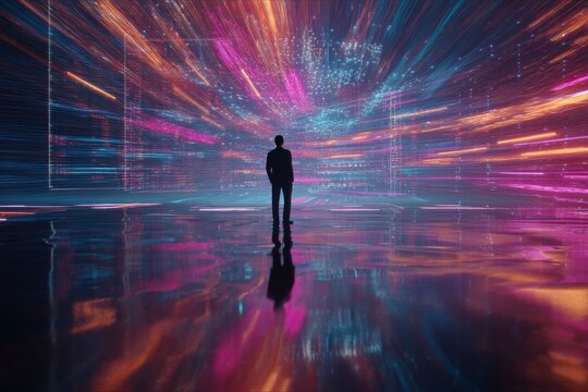 The cutting edge of commerce: ai and the art of big data processing. Blockbuster art. Ai illuminates complex data patterns for business strategy and innovation. Film poster. Cinematic poster.