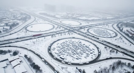 Fototapeta premium Aerial view of a snow-covered highway interchange experiencing severe traffic congestion during a winter storm