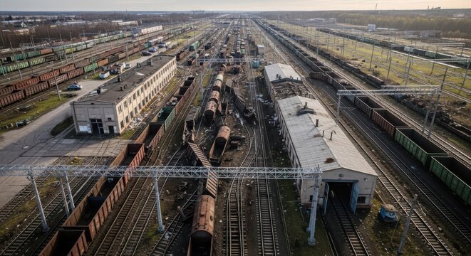 Aerial view of a sprawling industrial railway marshalling yard with numerous trains and tracks