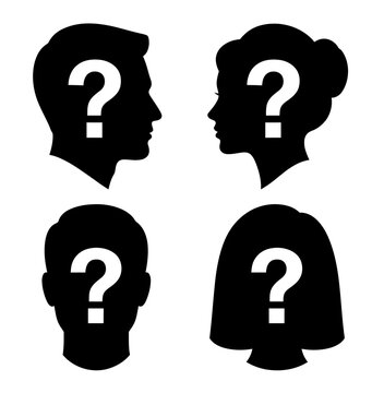 Four black silhouettes of people with question marks on their faces