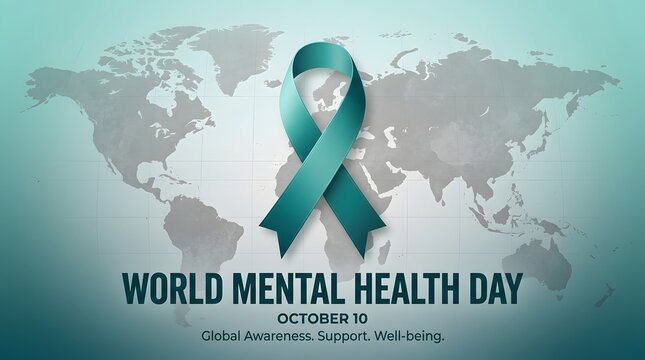 World mental health day awareness ribbon with global map background