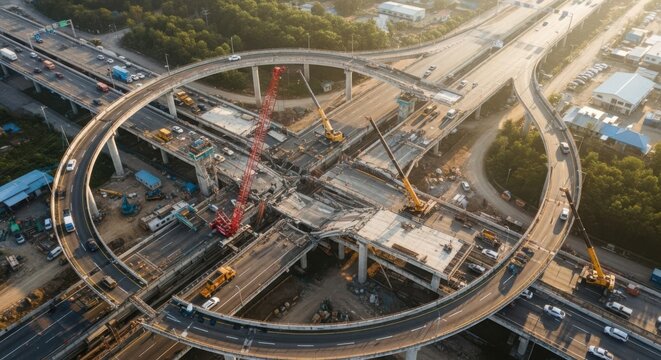 Aerial view of a vast highway interchange under extensive construction, showcasing future transportation infrastructure development.