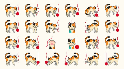 Obraz premium Calico Cat Playful Poses with Red Yarn Ball, Flat Design Vector Illustration Set, Cute Kitten Actions and Expressions, Graphic Resource Collection