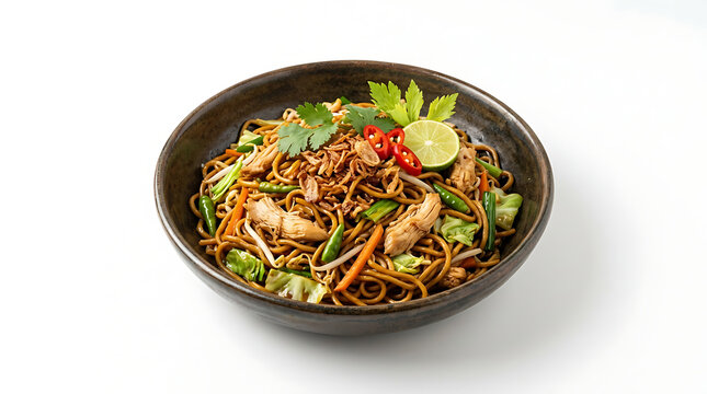 A plate of mie goreng jawa with chicken and mixed vegetables on a table indoors
