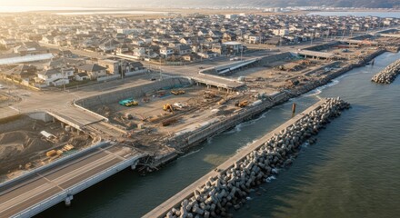Obraz premium Aerial View of Coastal Town Undergoing Extensive Reconstruction After Natural Disaster Damage