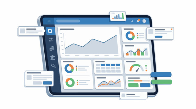Digital dashboard displaying various charts graphs and data widgets