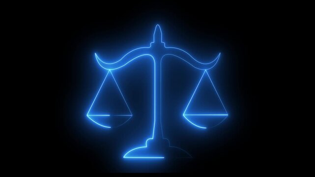 3D justice scales glowing with neon light. Digital balance symbol for law, fairness, and equality in futuristic design.