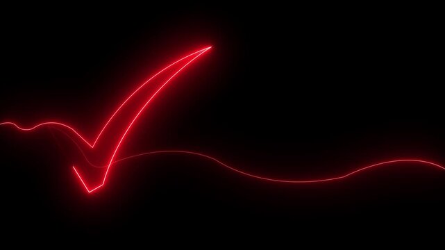 Dynamic red neon checkmark glowing in dark. Abstract success confirmation symbol with vibrant light trail effect.