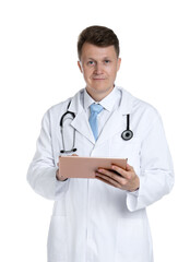 Fototapeta premium Doctor with stethoscope using tablet on white background