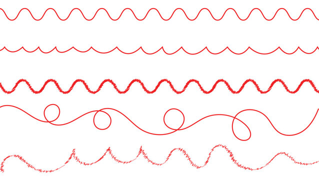 Set of five different red wavy lines and hand drawn abstract swirls for design