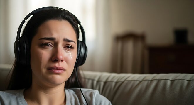 Young woman with headphones on, crying with tears streaming down her face
