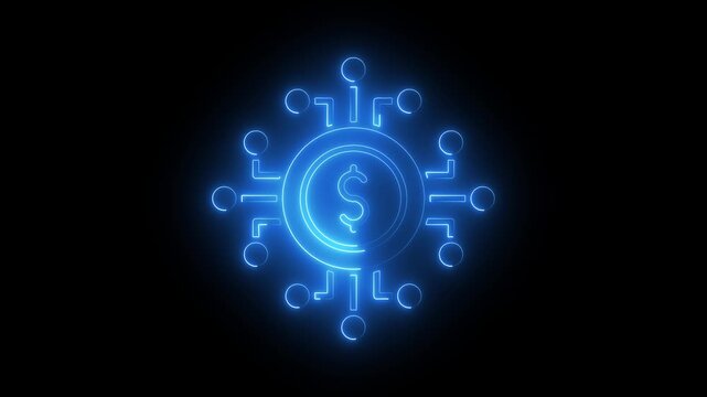 Blue neon dollar sign icon with digital network nodes on black background for FinTech concepts. owing blue neon dollar coin and circuit lines representing blockchain technology and digital finance.