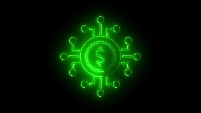 green neon dollar sign icon with digital network nodes on black background for FinTech concepts. owing green neon dollar coin and circuit lines representing blockchain technology and digital finance.