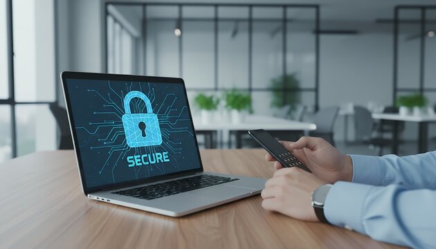 Laptop with secure lock screen and card in office setting