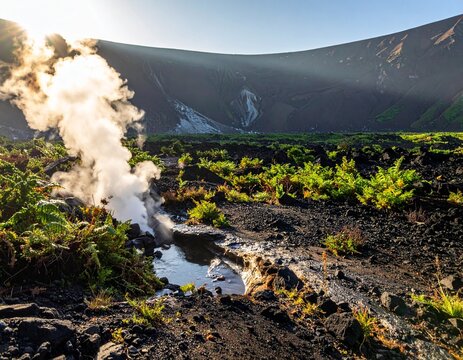 Geothermal steam rising from a volcanic rock fissure on the caldera floor of Aogashima, Japan. Morning sun side lighting on wet basalt stone and green ferns in a wild landscape. 8k.