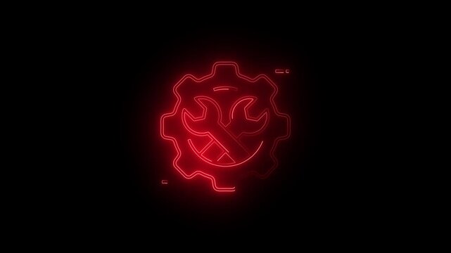 Red neon gear and crossed wrenches icon on black background for maintenance and repair concept .Red neon gear and crossed wrenches icon on black background for maintenance and repair concept.

