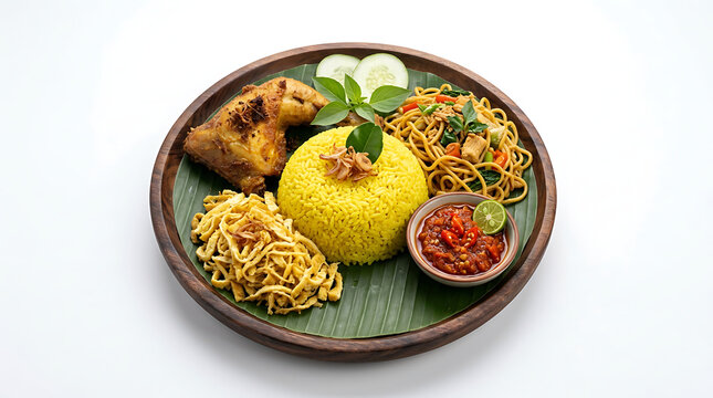 Traditional Indonesian Nasi Kuning served with fried chicken on a plate