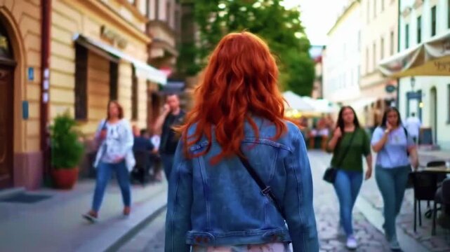 Woman with red hair walking down european cobblestone street on sunny day