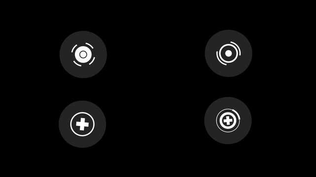 Animated target point icons pack featuring monochrome HUD elements like blinking crosshair circles, squares, and plus symbols on a transparent alpha channel background loop
