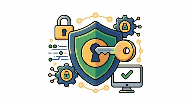 Digital security concept with shield key lock computer and gears