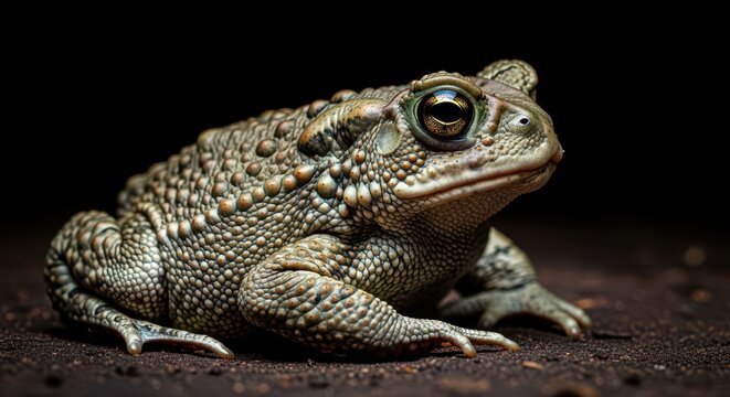 Macro photograph of a warty amphibian toad resting on damp earth, showcasing textured skin, prominent bumps, and striking golden eye detail, outdoors, habitat, scientific