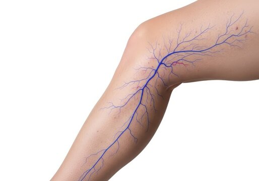 Macro view of a lower limb with prominent blue vascular patterns and spider veins, showcasing common dermatological and medical conditions, deep, anatomy, insufficiency