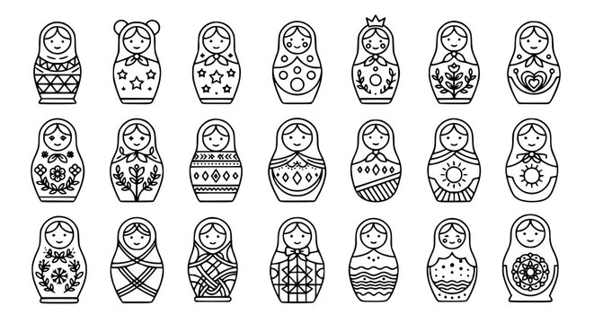 Minimal Nesting Doll Line Icon Collection with Scandinavian Inspired Geometric Ornament Vector Set