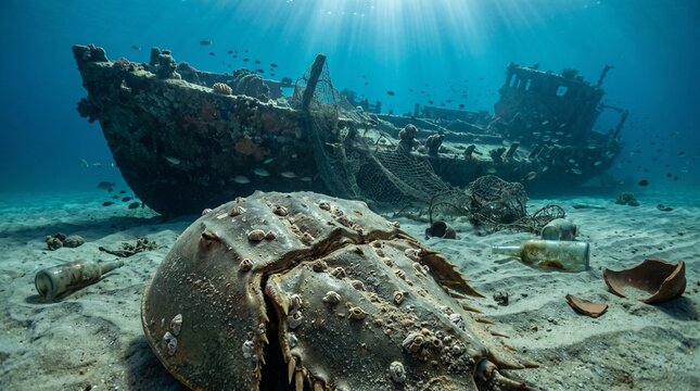 Sunken shipwreck on ocean floor with marine life and sunlight rays