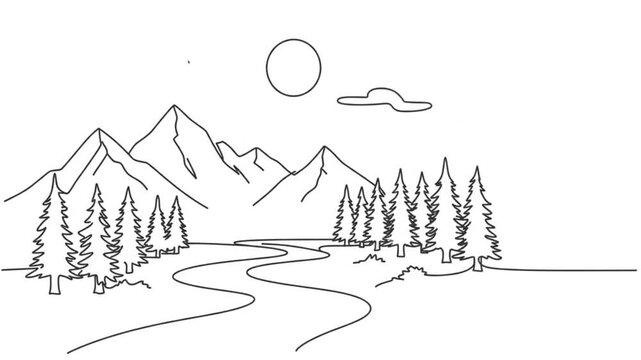 Elegant continuous line art vector landscape featuring mountains, river, pine trees and sun, monochrome style, minimal travel destination illustration, editable stroke vector, white background.