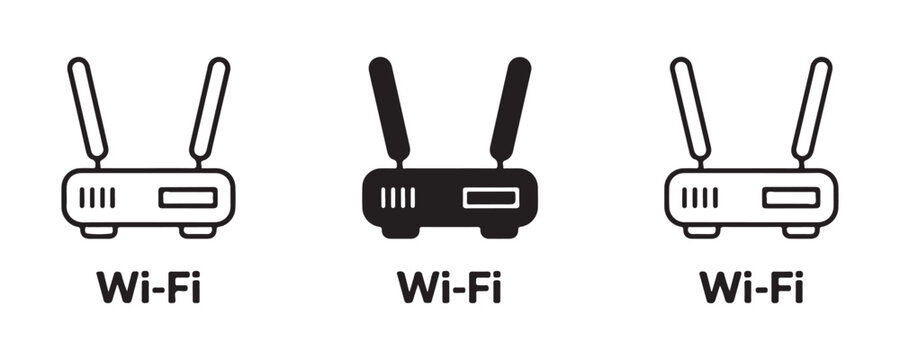 Set of wifi router icons with text labels designed in flat and linear black vector illustration.
