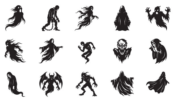 Halloween Silhouette Creepy Zombie Monster and Evil Spirit Set