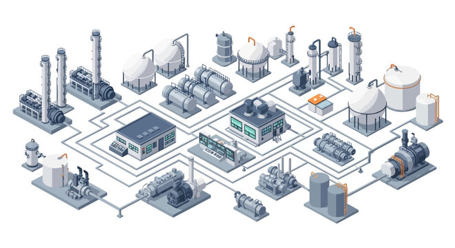 Isometric illustration of a modern industrial factory complex.