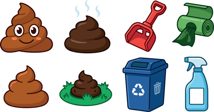 Pet Waste Cleanup and Dog Poop Vector Set with Cute Poo Emoji, Shovel, Waste Bags, Bin, and Cleaner Spray Icons for Hygiene Signs