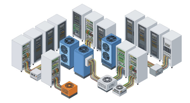 Isometric illustration of data center servers and networking equipment.