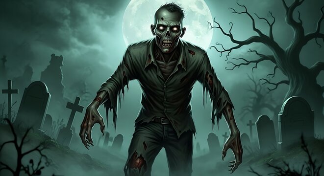 Zombie Emerging from Spooky Cemetery at Night.