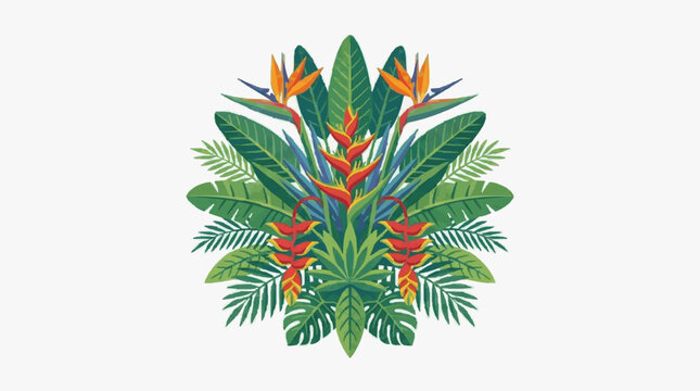 Colorful tropical bird of paradise flowers and foliage illustration.
