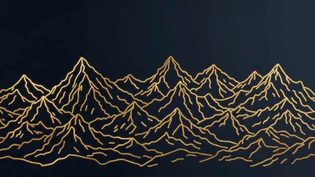 Premium luxury vector illustration featuring mountain landscape drawn with elegant gold line art on dark navy background, sophisticated travel destination branding style, editable vector.