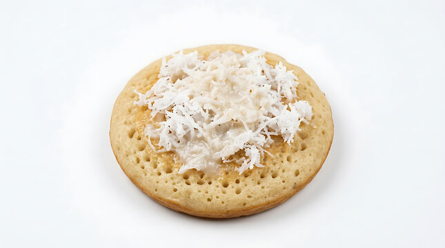 A solo serabi dish with coconut topping on a plate indoors