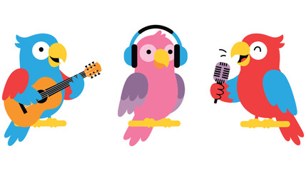 Obraz premium Cute cartoon parrots singing and playing music on branches.