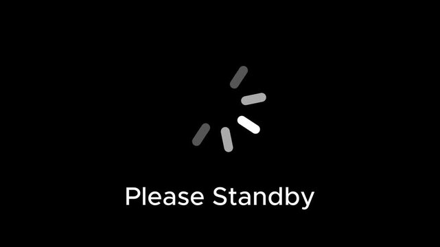Please standby text with loading spinner icon animation, representing technical delays, software updates,and motion background 4k video animation.