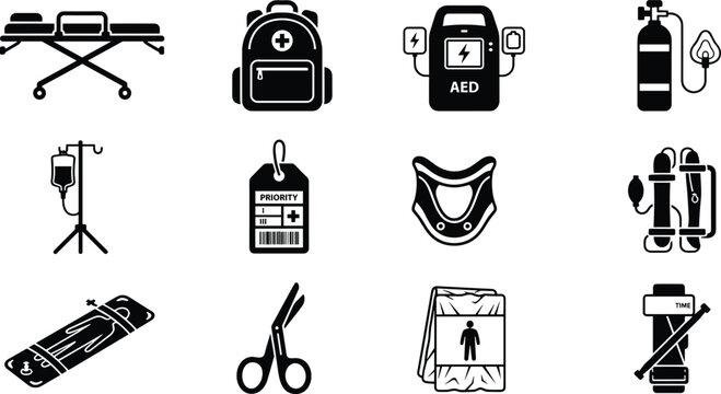 Emergency Medical Services And First Aid Equipment Icon Set For Healthcare Paramedic Ambulance Services Vector Illustration Style