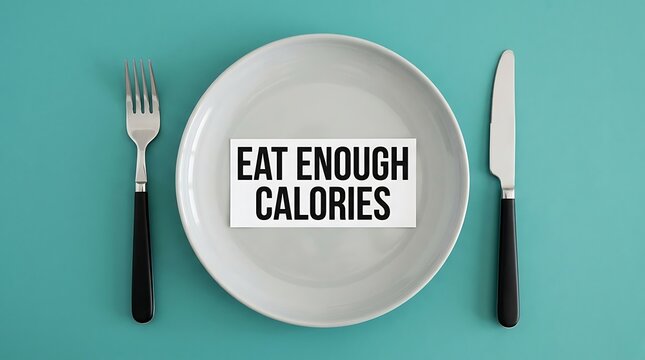 Empty plate with cutlery and eat enough calories text. Minimalist diet concept with nutrition message on dish. Healthy lifestyle and weight managem...
