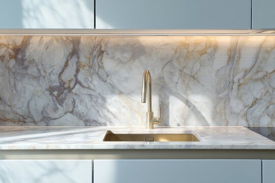 Contemporary kitchen countertop features polished natural stone surfaces and modern metallic fixture