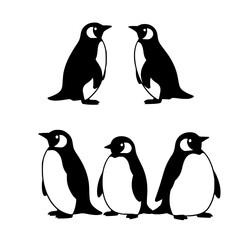 Obraz premium Penguins set with a 2x2 grid of black silhouette penguins against a white background featuring minimalist line art, vector illustration, playful mood with stark contrast and even lighting
